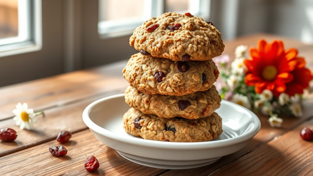 hero: golden brown breakfast cookies with visible oats, nuts, and dried cranberries, stacked on a white ceramic plate with fresh flowers nearby, natural window light streaming across, rustic wooden table surface, photorealistic, no text