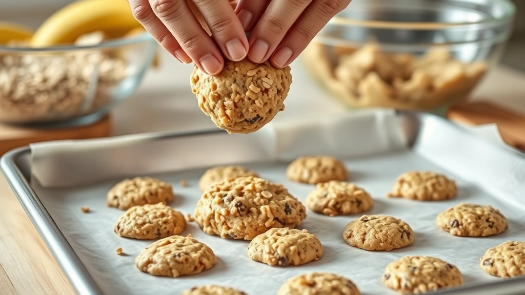 process: hands dropping cookie dough onto parchment-lined baking sheet, mixing bowl with mashed banana and oats visible in background, warm kitchen lighting, photorealistic, no text
