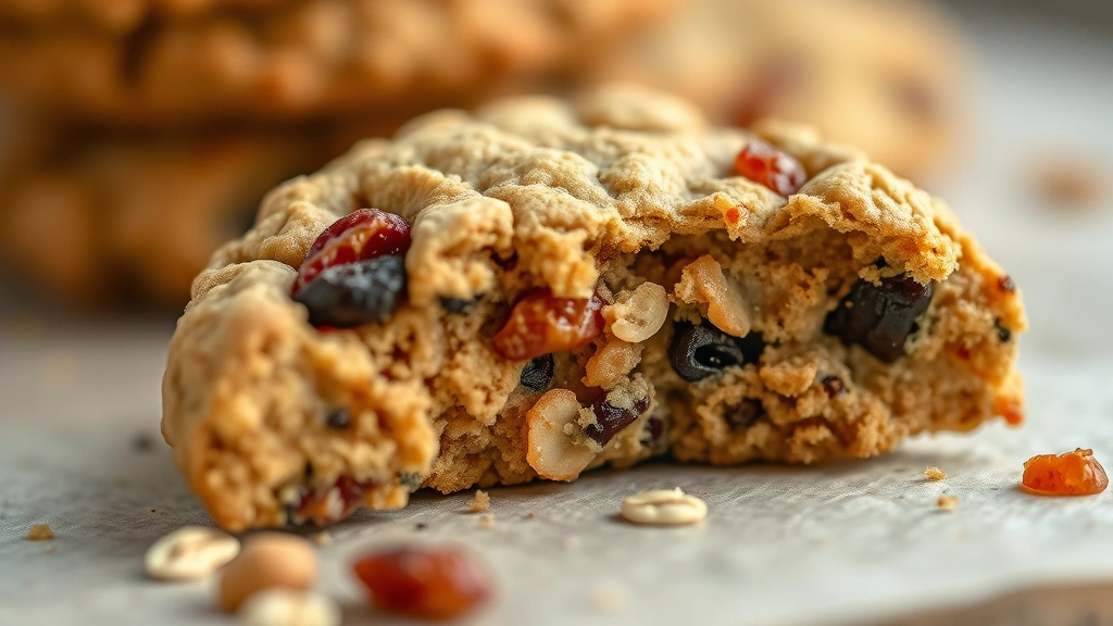 detail: close-up of single broken breakfast cookie showing chewy interior texture with oats and dried fruit, shallow depth of field, warm natural lighting, photorealistic, no text