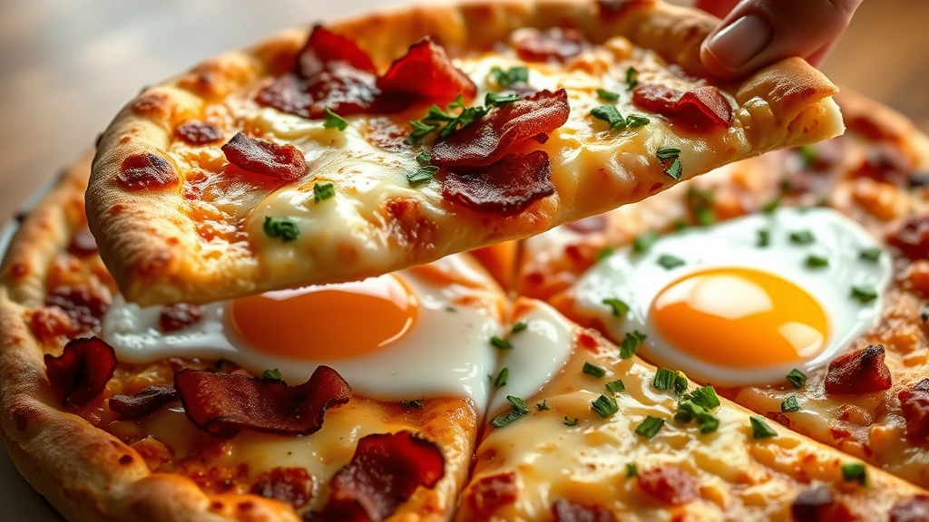 hero: golden-brown breakfast pizza with runny egg yolks, crispy bacon, melted cheese, fresh herbs on top, slice being lifted, photorealistic, natural morning light, no text