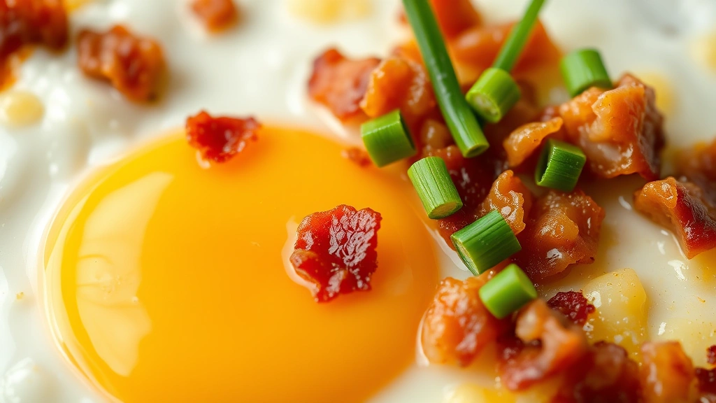 detail: close-up of perfectly cooked egg yolk with runny center, crispy bacon bits, melted cheese, fresh chives garnish, photorealistic, macro photography, no text