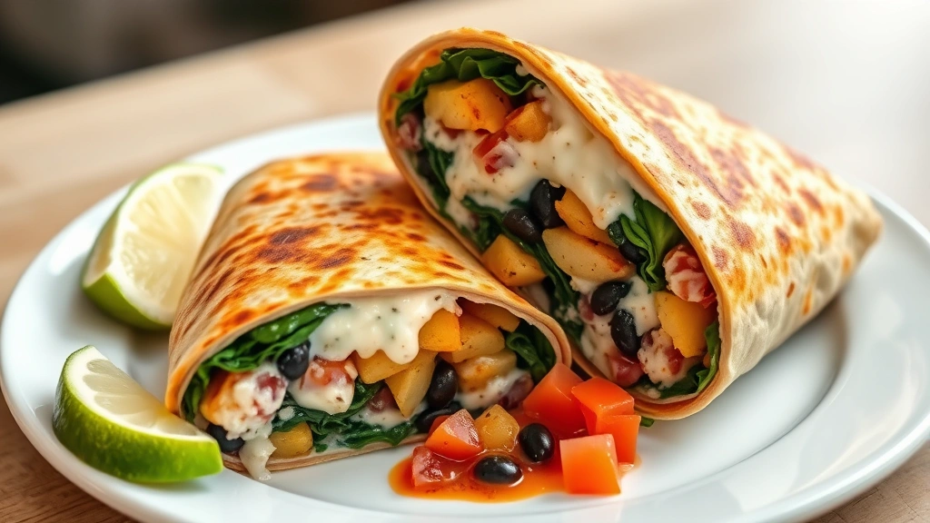 hero: golden-brown breakfast burrito sliced in half revealing colorful layers of roasted potatoes, black beans, spinach and creamy sauce, served on white plate with salsa and lime wedge, photorealistic, natural daylight from left, no text