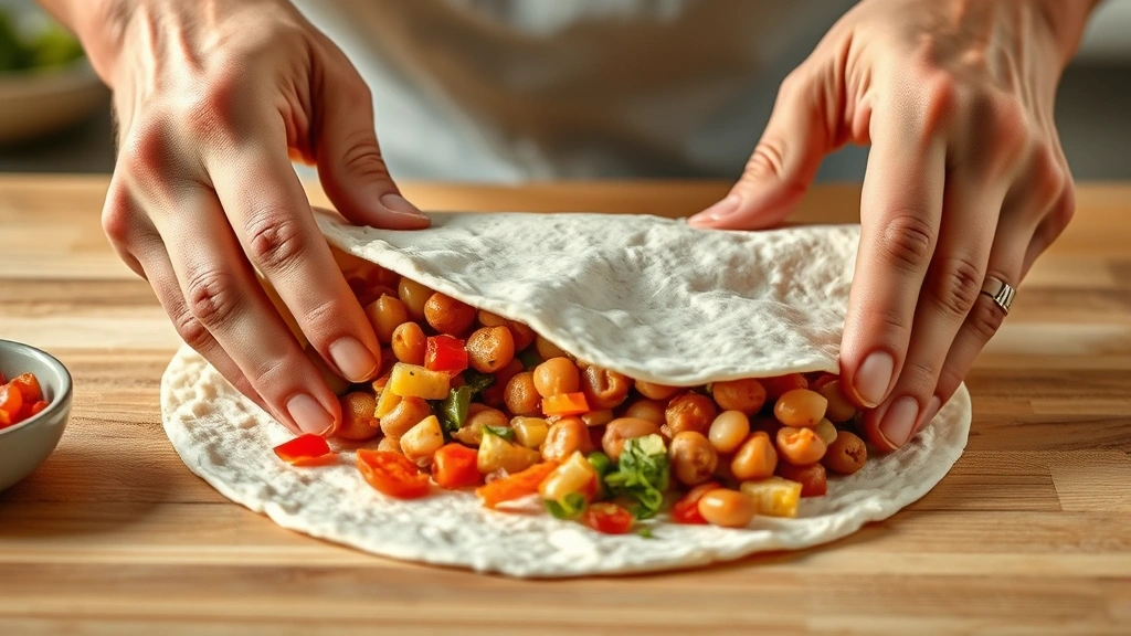 process: hands rolling warm flour tortilla filled with seasoned vegetables and beans, action shot mid-wrap, photorealistic, bright natural kitchen light, no text