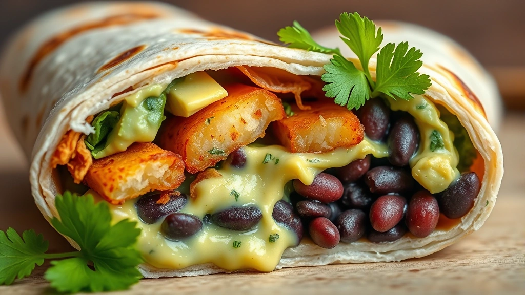 detail: close-up cross-section of breakfast burrito showing layers of crispy potatoes, creamy avocado sauce, black beans and fresh cilantro, photorealistic, macro photography with natural light, no text