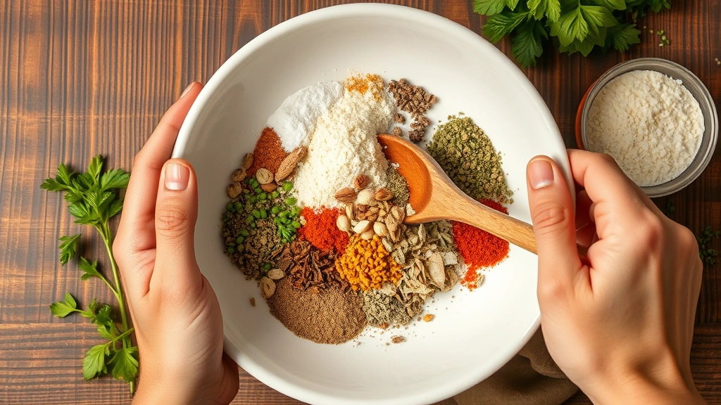 process: hands mixing together spices and herbs in a white ceramic bowl with a wooden spoon, showing the blending process, photorealistic, natural light from above, no text