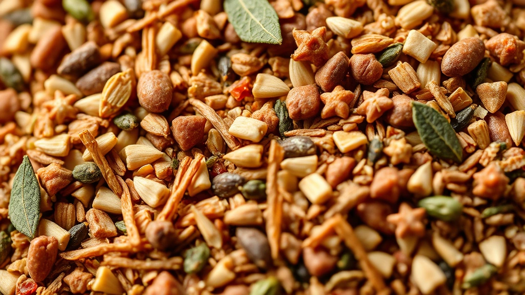 detail: extreme close-up macro shot of finished breakfast sausage seasoning showing texture of individual spice pieces, fresh sage, and fennel seeds, photorealistic, natural light, no text