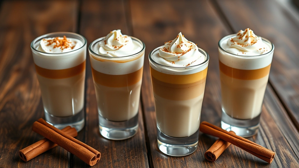 hero: Four elegant chilled shot glasses filled with creamy breakfast shot, topped with whipped cream and cinnamon garnish, arranged on a rustic wooden surface with fresh cinnamon sticks nearby, photorealistic, natural morning light, no text