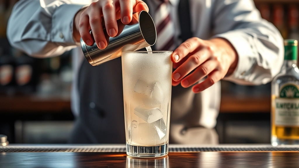 process: Bartender shaking cocktail shaker with frosted exterior, ice visible through clear glass, mid-action motion, photorealistic, bright natural light, no text
