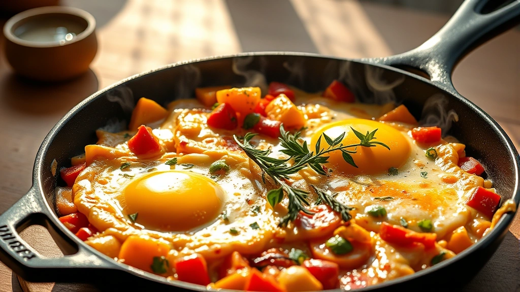 hero: Golden breakfast skillet with melted cheese, colorful vegetables, herbs, and eggs, served in cast iron with steam rising, warm natural morning light, no text