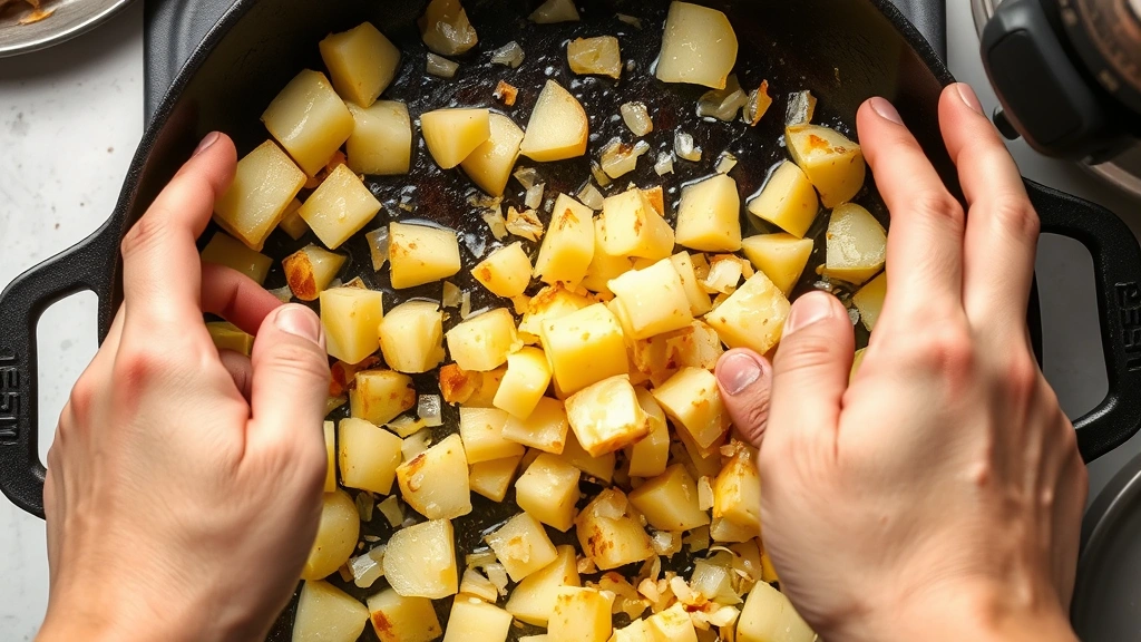 process: Hands stirring diced potatoes in cast iron skillet with butter and onions, golden brown edges, bright kitchen lighting, no text