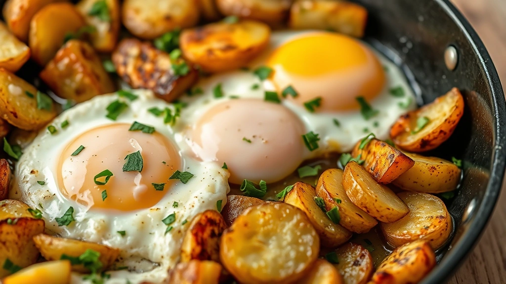 detail: Close-up of skillet showing crispy golden potatoes, melted cheese, fresh green herbs, and runny egg yolks, shallow depth of field, no text