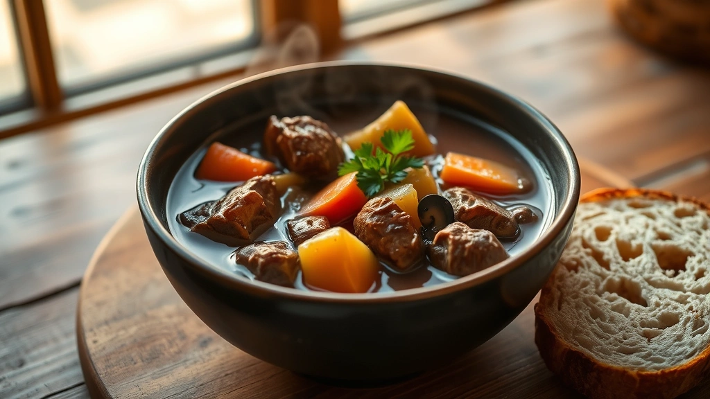 hero: steaming bowl of beef stew with carrots potatoes mushrooms and tender meat in rich brown broth, crusty bread beside it, rustic wooden table, warm golden light from window, garnished with fresh parsley, cozy hygge aesthetic