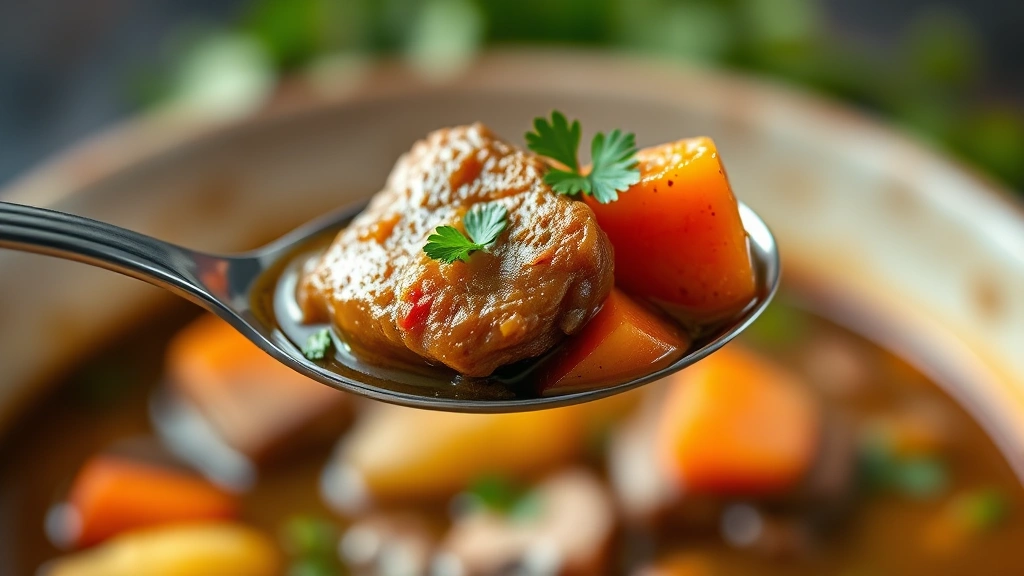 detail: close-up spoonful of stew showing tender beef chunk with carrot and potato, rich brown broth, fresh parsley garnish, shallow depth of field, warm natural lighting, bokeh background of bowl