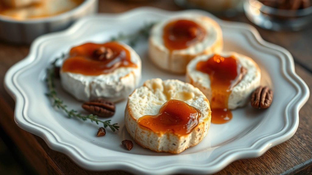 hero: beautiful golden brie bites on white ceramic platter with thyme garnish, jam glistening, candied pecans visible, warm golden hour lighting from side, shallow depth of field, food photography, no text or watermarks