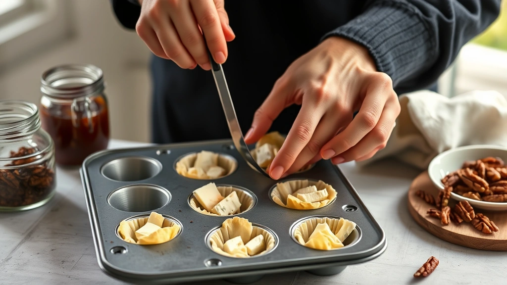 process: hands filling phyllo cups with brie cheese cubes in muffin tin, jam jar and candied pecans nearby, natural window light, candid cooking moment, professional food photography