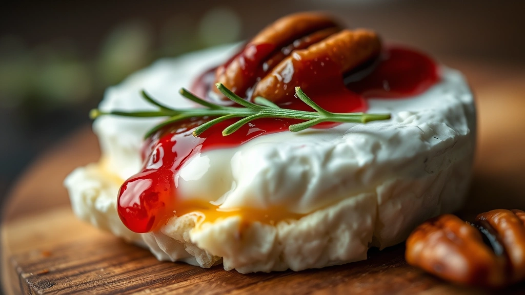 detail: close-up macro shot of single brie bite with melted cheese bubbling slightly, ruby red jam on top, candied pecan detail, thyme leaf garnish sharp in focus, warm professional lighting, no text