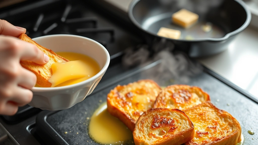 process: hand dipping brioche slice into custard mixture in white bowl, cast iron skillet with melting butter in background, golden brown French toast cooking on griddle, steam rising, natural kitchen lighting