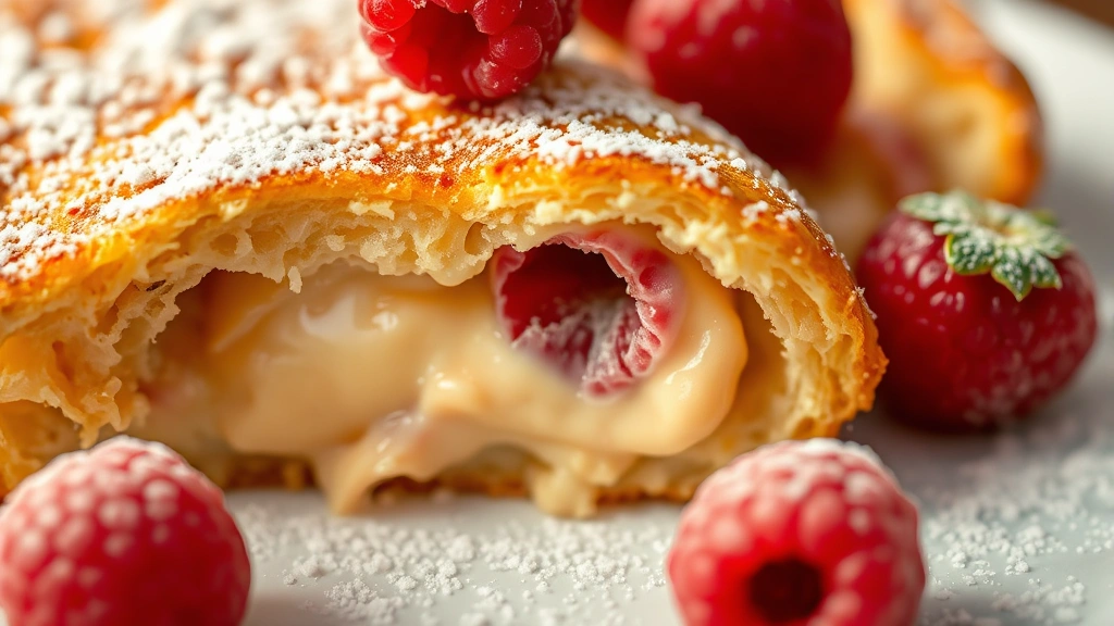 detail: close-up cross-section of brioche French toast showing creamy custardy interior and crispy golden-brown exterior, fresh raspberries and powdered sugar dusting, warm morning light, macro photography