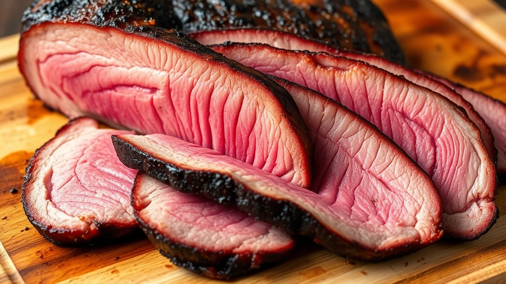 hero: sliced smoked brisket with beautiful pink smoke ring and caramelized bark, photorealistic, natural daylight, on wooden cutting board, no text