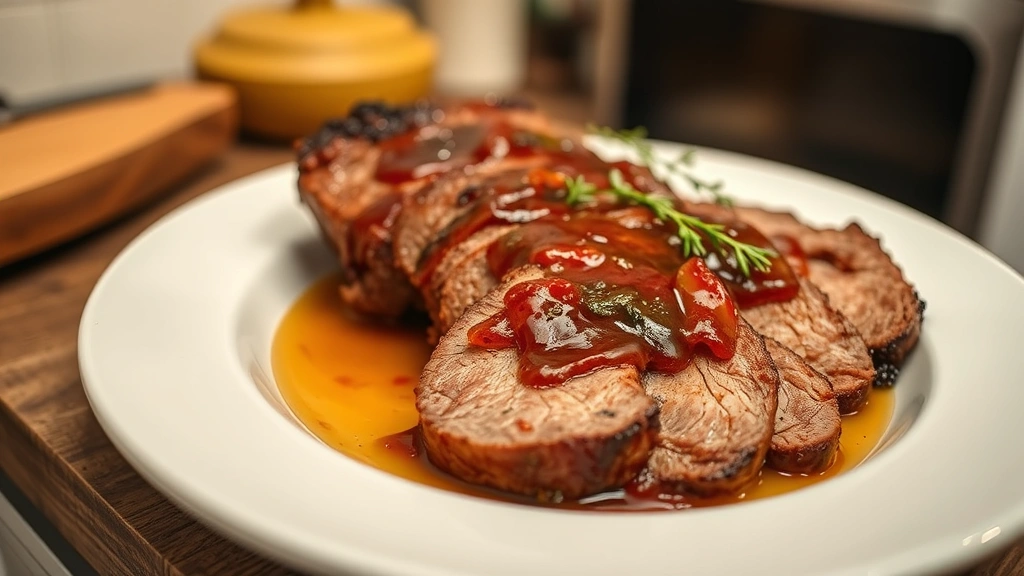 hero: perfectly sliced oven-baked brisket with mahogany crust on white ceramic plate, braising liquid drizzled over top, fresh thyme garnish, warm kitchen lighting, shallow depth of field