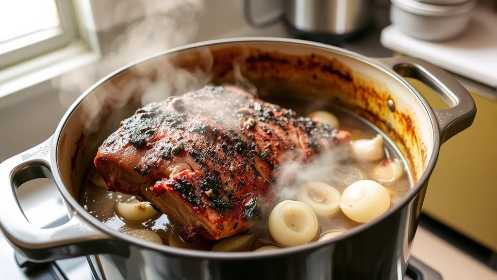 process: seared brisket being placed into Dutch oven with onions and garlic, steam rising, rich braising liquid visible, professional kitchen setting, natural window light