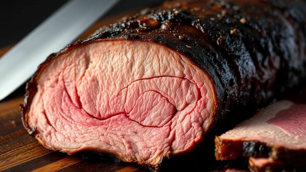 detail: close-up cross-section of sliced brisket showing tender pink interior and dark mahogany crust, knife blade visible, dark wooden cutting board background, dramatic side lighting