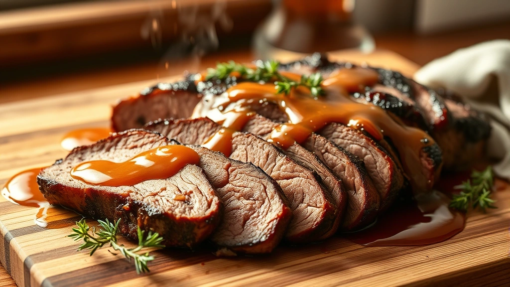 hero: sliced oven-baked brisket on a wooden cutting board with warm pan sauce drizzled on top, fresh thyme garnish, steam rising, photorealistic, warm natural window lighting, no text