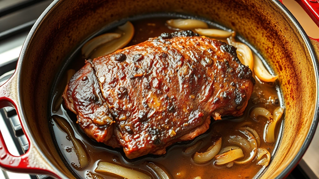 process: beef brisket searing in cast iron Dutch oven with visible brown crust forming, onions and aromatics visible, photorealistic, bright kitchen lighting, no text