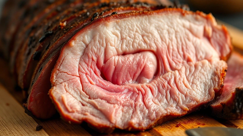 detail: close-up cross-section of sliced brisket showing tender pink interior with smoke ring, perfectly sliced against the grain, photorealistic, shallow depth of field, warm natural light, no text
