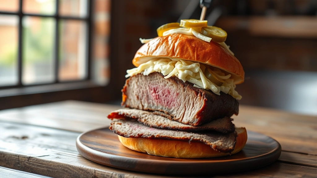 hero: A towering brisket sandwich on a brioche bun with pink smoke ring visible in sliced meat, topped with creamy coleslaw and pickles, steam rising, rustic wooden table, natural window light