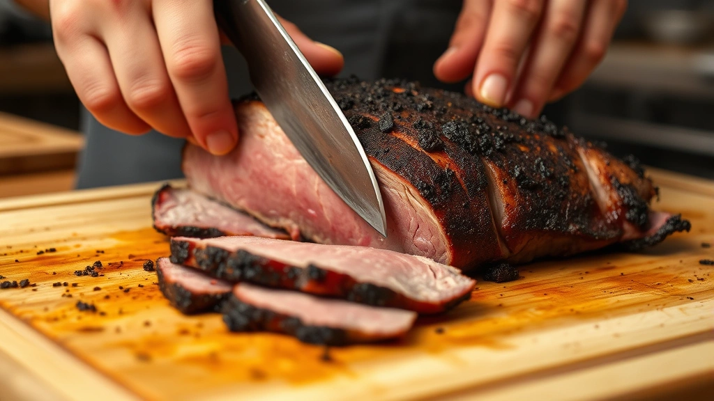 process: Slicing smoked brisket against the grain on a cutting board, sharp knife mid-slice, pink inside, smoke wisping, professional kitchen lighting