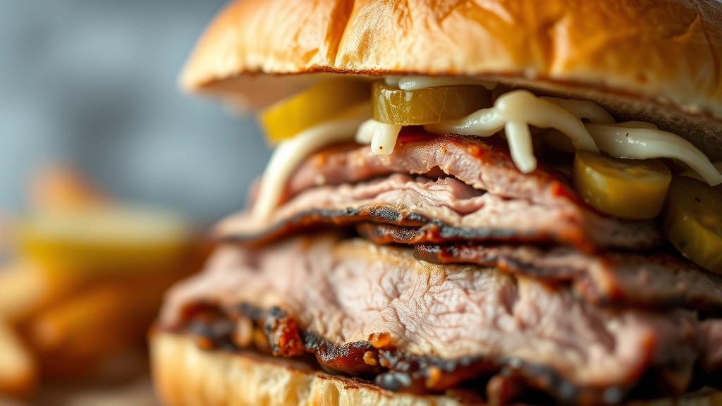 detail: Close-up cross-section of brisket sandwich showing perfect meat texture, smoke ring, coleslaw layer, and pickles, soft focus background, macro photography