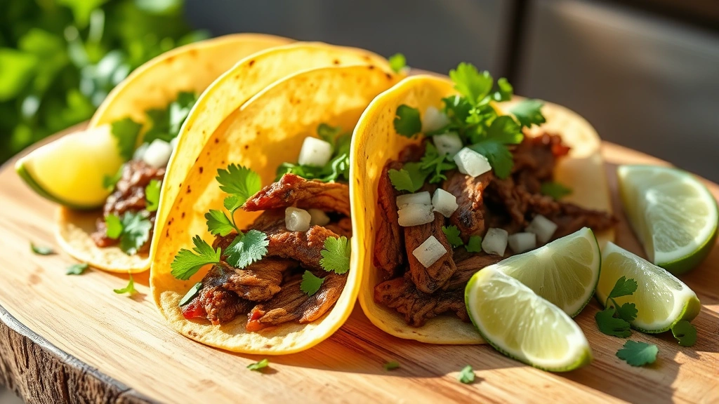 hero: beautifully plated brisket tacos with fresh cilantro, diced onions, and lime wedges on a rustic wooden surface, photorealistic, warm natural sunlight streaming from side, no text