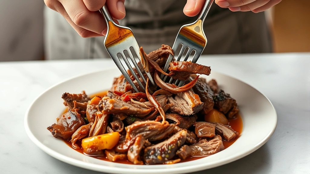 process: hands shredding tender braised brisket with two forks over a plate, steam rising, photorealistic, bright kitchen lighting, no text