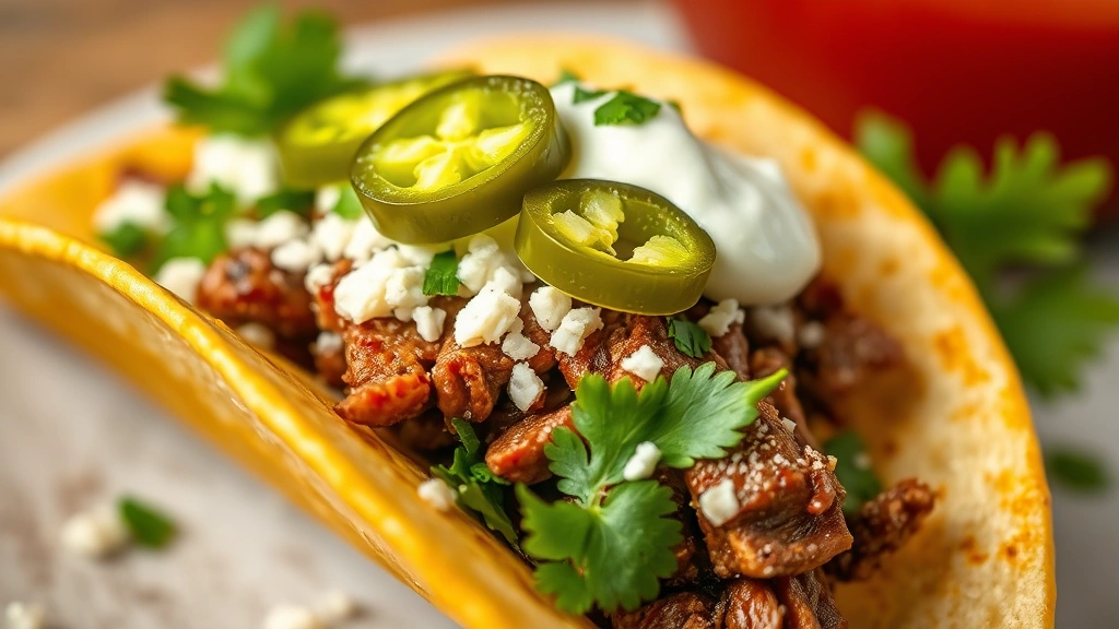 detail: close-up macro shot of a single brisket taco topped with cotija cheese, jalapeños, cilantro and sour cream, photorealistic, natural light, no text