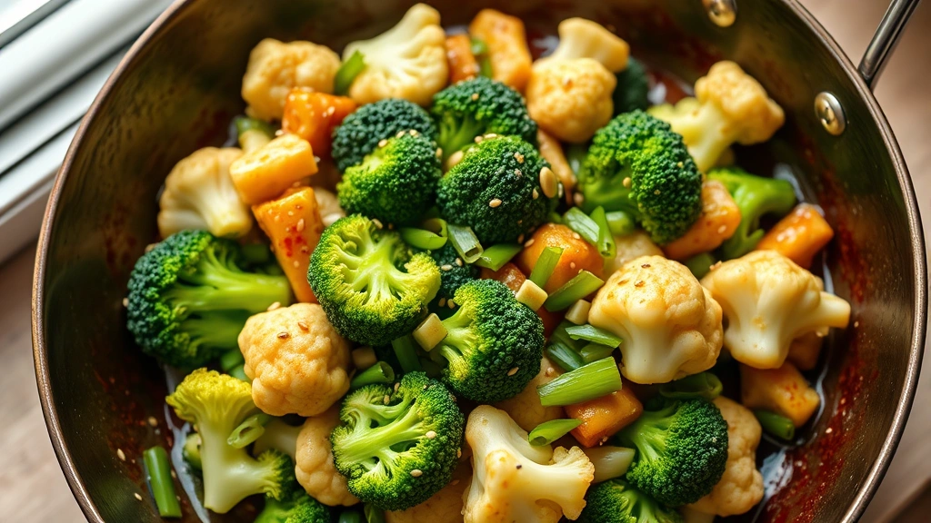 hero: vibrant broccoli and cauliflower stir-fry in wok, glossy sauce coating green and white florets, garnished with sesame seeds and green onions, photorealistic, natural window light, no text, overhead angle