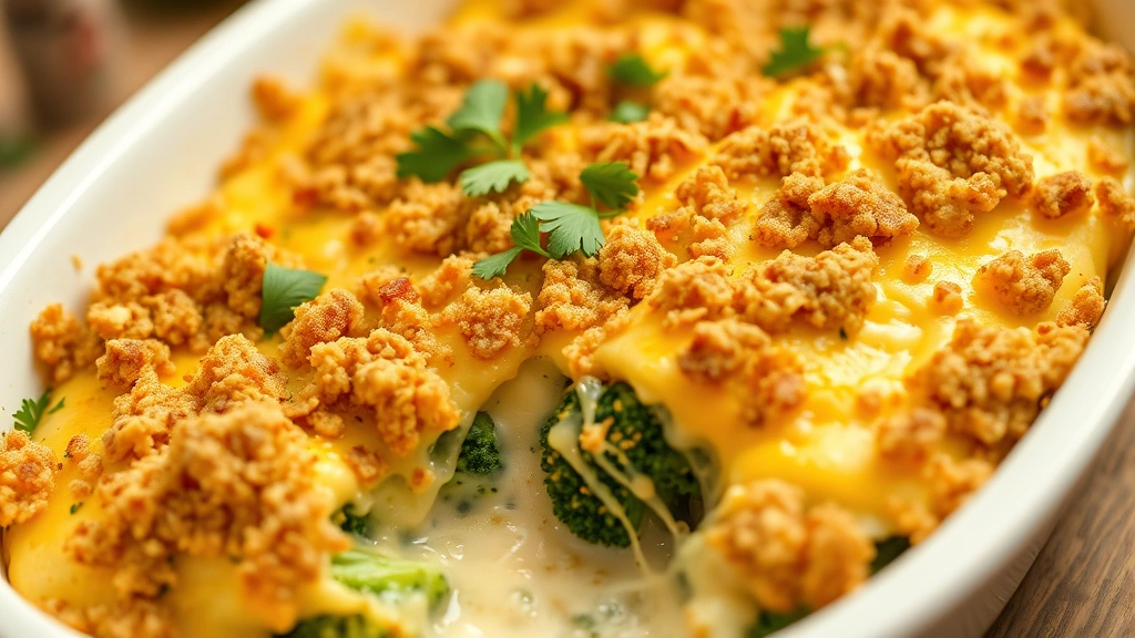 hero: golden-brown broccoli casserole in white ceramic dish, bubbling cheese sauce visible, crispy breadcrumb topping, fresh parsley garnish, warm kitchen lighting, shallow depth of field, shot from 45-degree angle, no text or watermarks