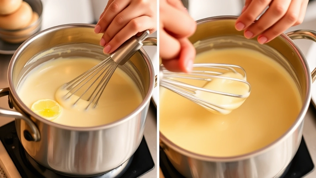 process: hands whisking creamy cheese sauce in stainless steel saucepan, melted butter and milk combining, warm golden lighting, close-up side angle, professional kitchen environment, no text