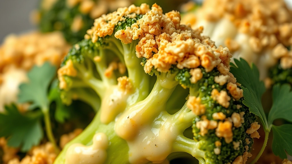 detail: close-up macro shot of broccoli floret coated in creamy cheese sauce with crispy breadcrumb topping, golden brown texture visible, fresh parsley leaf, natural daylight, extreme shallow focus, no text