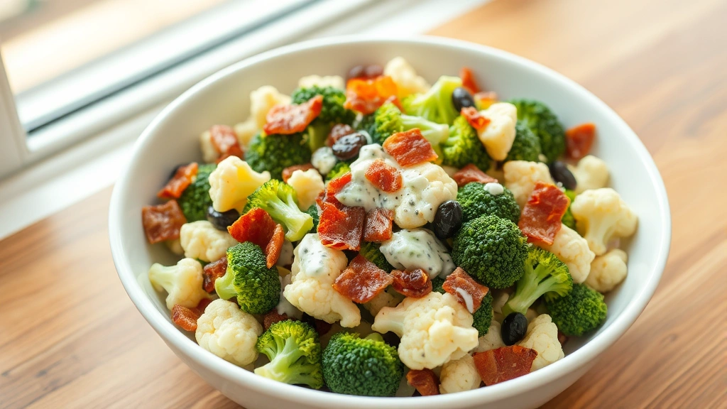 hero: vibrant broccoli cauliflower salad in white serving bowl, crispy bacon pieces visible, creamy dressing coating vegetables, fresh raisins scattered throughout, natural daylight from window, wooden table surface, classic preppy presentation