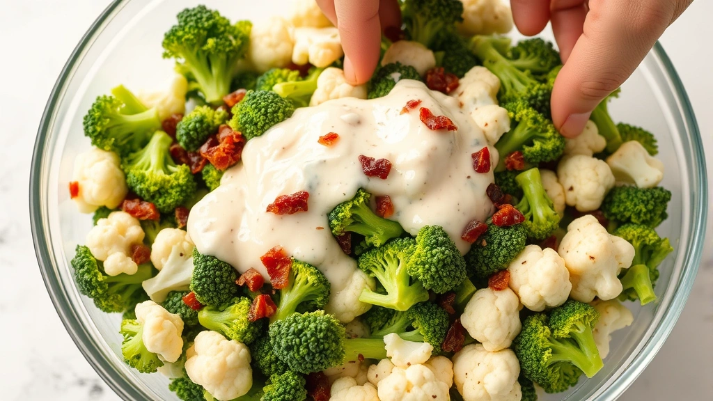 process: hands tossing fresh broccoli and cauliflower florets with creamy dressing in large glass mixing bowl, bacon crumbles and raisins visible, bright kitchen lighting, action shot showing even coating