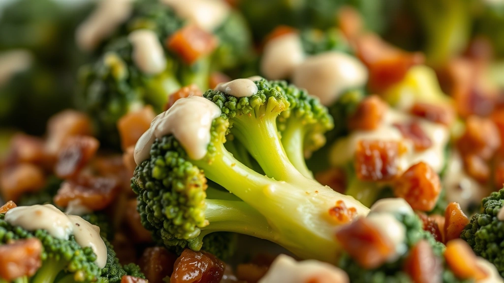 detail: close-up macro photography of individual broccoli florets coated in creamy dressing with bacon bits and raisins, shallow depth of field, warm natural light, appetizing texture detail