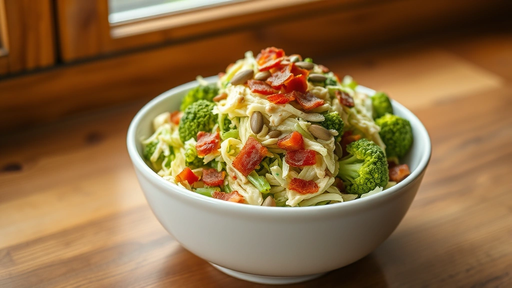 hero: creamy broccoli slaw with dressing in a white bowl, topped with bacon bits and sunflower seeds, natural window lighting, wooden table background, no text