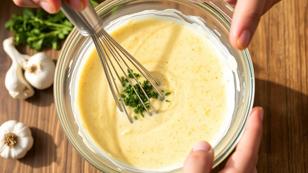 process: whisking creamy dressing in glass bowl with fresh garlic and herbs visible, hands visible whisking, bright kitchen lighting, no text