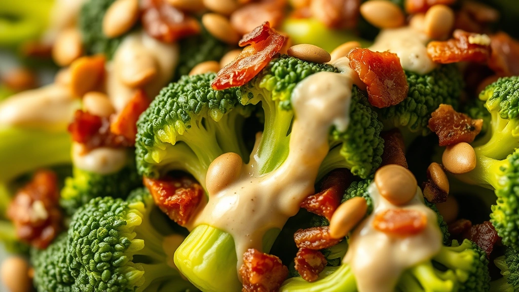detail: close-up of broccoli florets coated in creamy dressing with crispy bacon bits and sunflower seeds, macro photography, shallow depth of field, natural light, no text