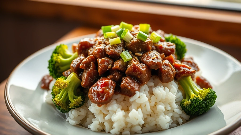 hero: finished broccoli and ground beef dish served over white rice, glossy brown sauce coating everything, sesame seeds and green onions on top, warm natural afternoon light from window, shallow depth of field, appetizing and homey
