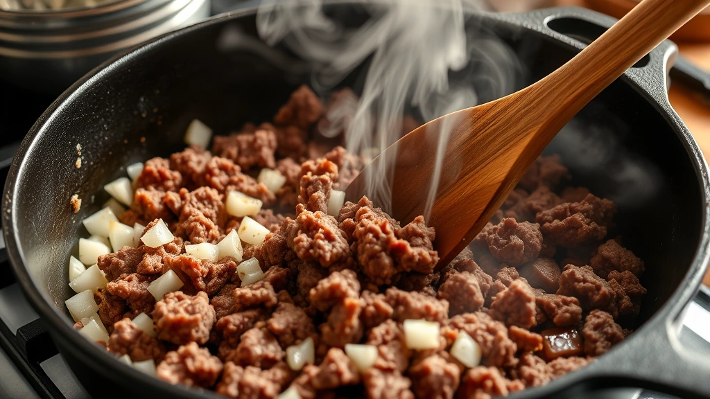 process: ground beef browning in cast iron skillet with diced onions, steam rising, wooden spoon breaking up meat, close-up action shot, warm kitchen lighting, professional food photography style