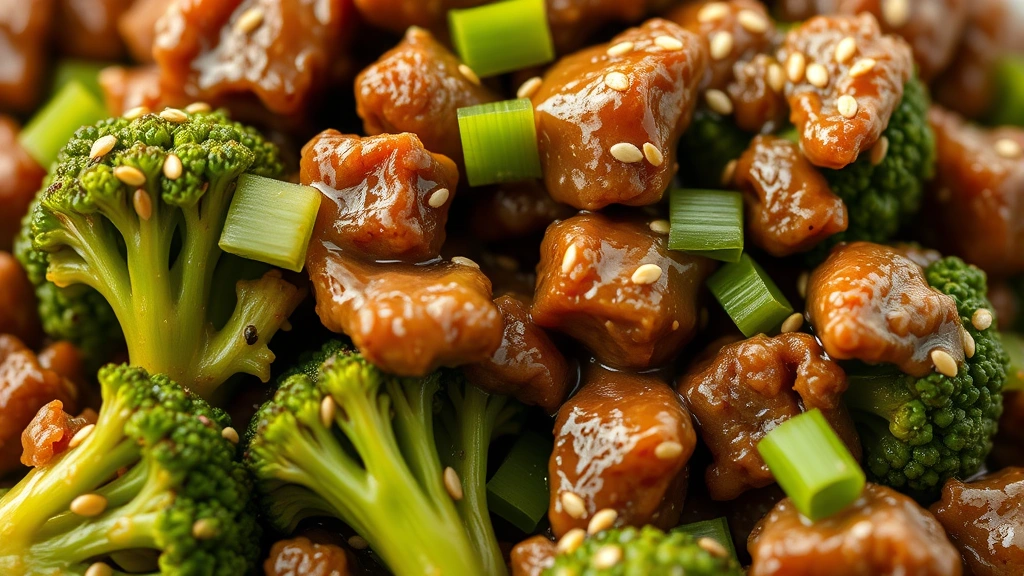 detail: close-up macro shot of broccoli florets coated in glossy sauce with ground beef pieces, sesame seeds visible, fresh green onion garnish, shallow focus highlighting texture and gloss, natural soft lighting
