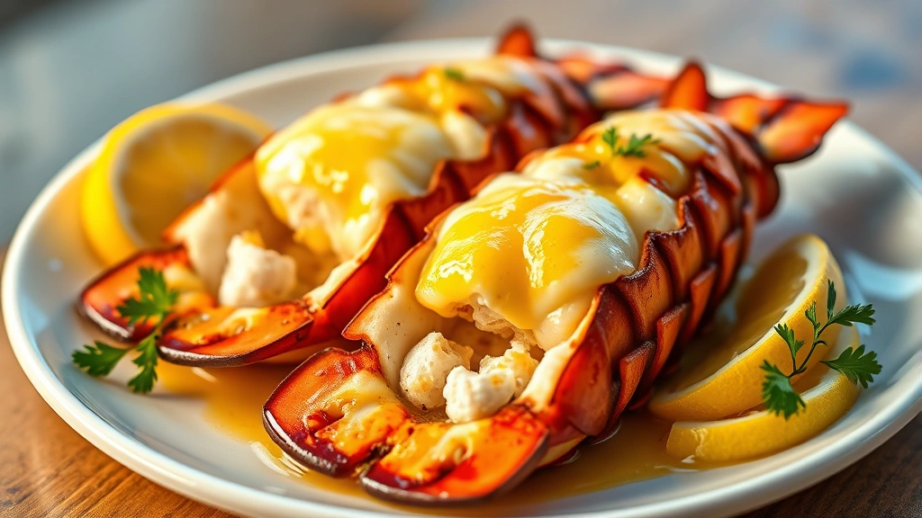 hero: two perfectly broiled lobster tails with golden butter sauce, garnished with fresh lemon wedges and parsley, on a white plate with warm glow, photorealistic, natural light, elegant presentation, no text