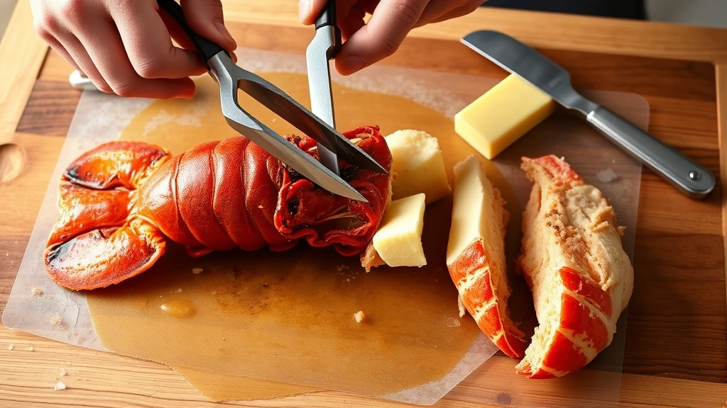 process: butterflying lobster tail with kitchen shears, hands showing technique, raw lobster meat exposed, butter brush nearby, photorealistic, natural light, no text